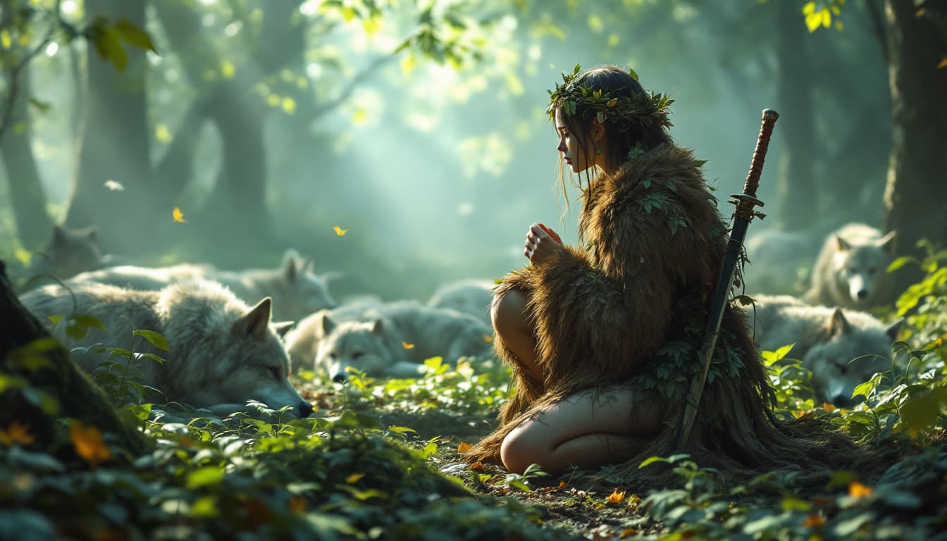 AI generated: "Create an ultra HD 1080p, 3d render spying scene of a charming girl, dressed made of leaves with br...