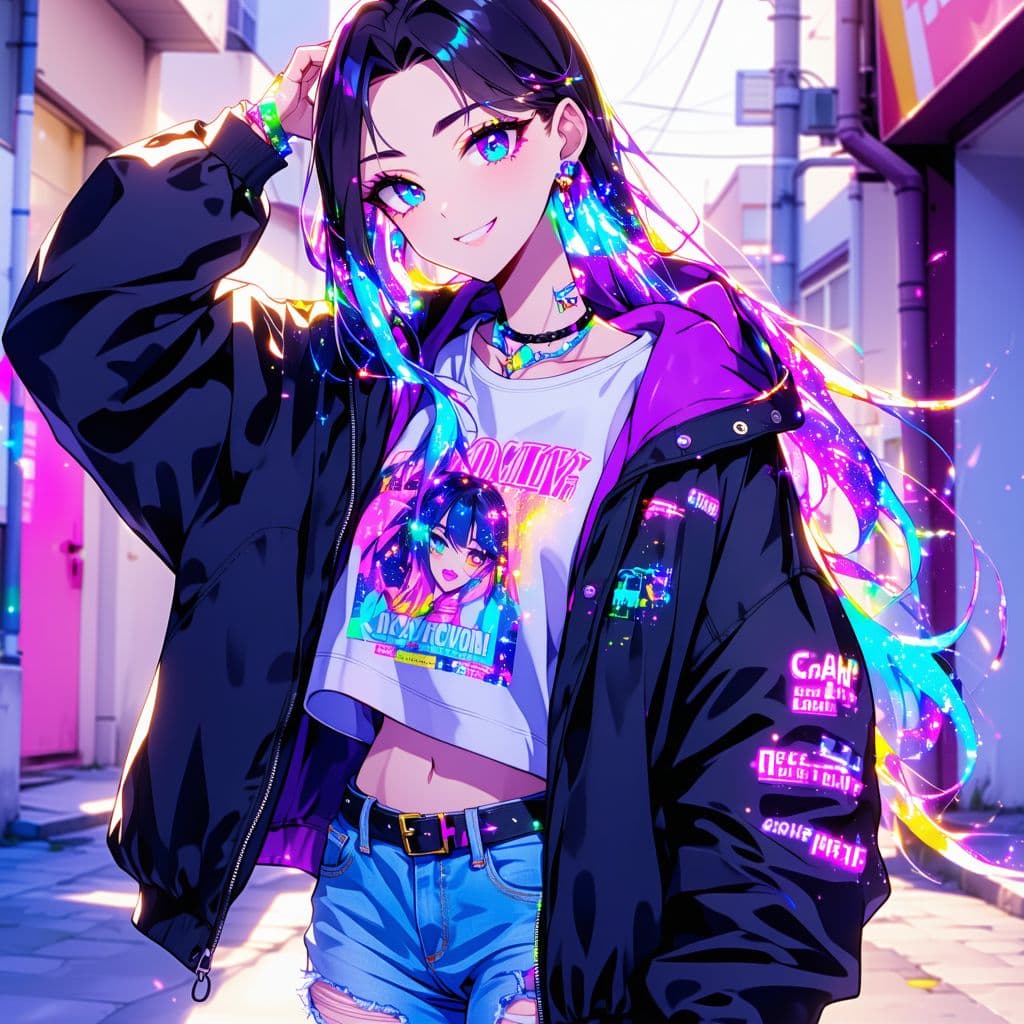 AI generated: Anime-style character, young beautiful girl with a cool and confident aura, wearing a stylish casual...
