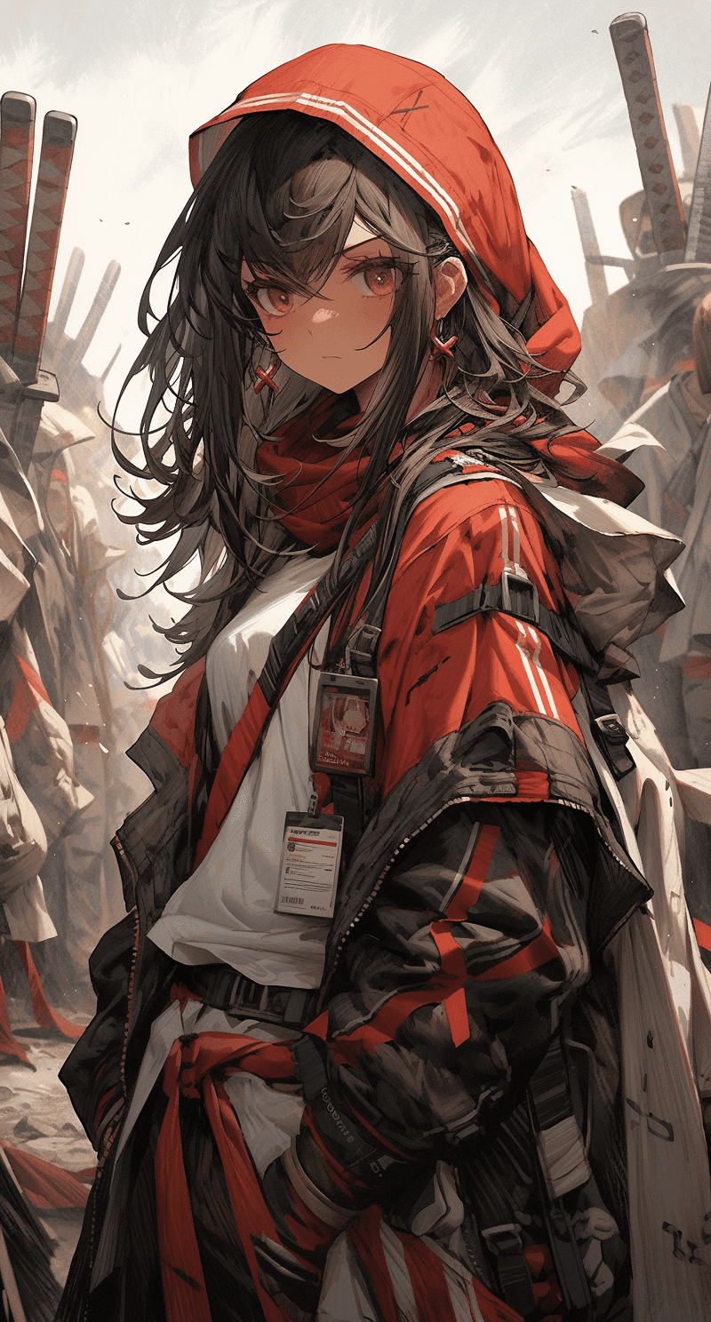 AI generated: a girl surrounded by mountains with knives and swords on the front, in the style of charming anime c...