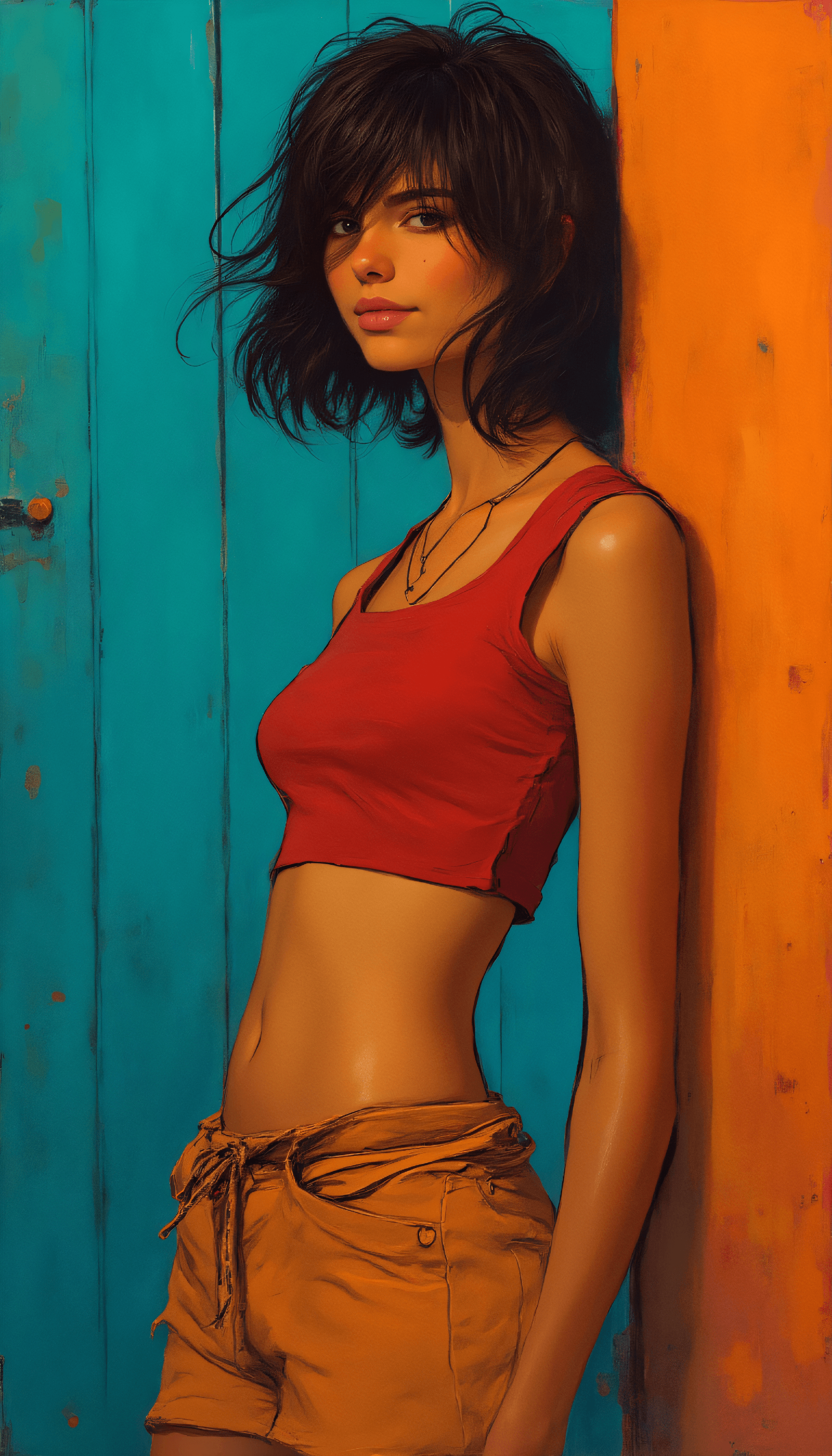 AI generated: vibrant painting in a neo-pop art style, half body picture, Fit female with toned flat abs in tiny c...
