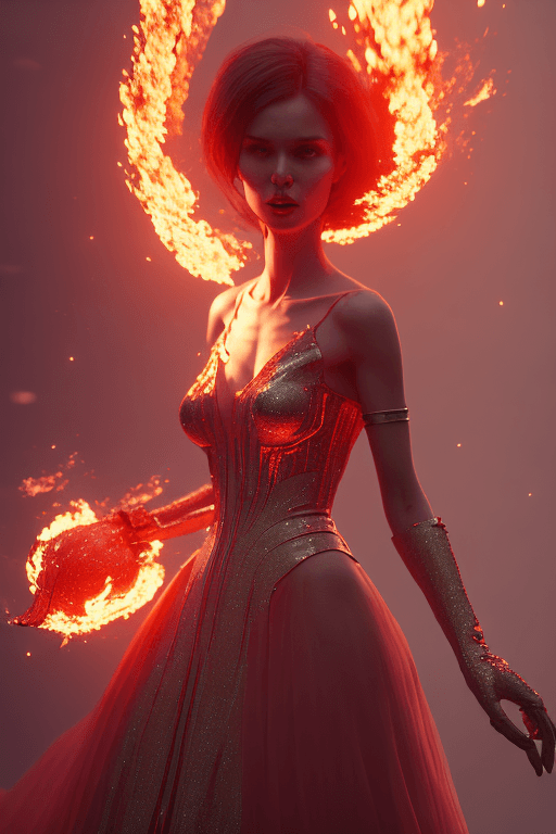 AI generated: mdjrny style v4 red ball gown, ingniting at the bottom, set on fire, perfectly redish, full body, la...