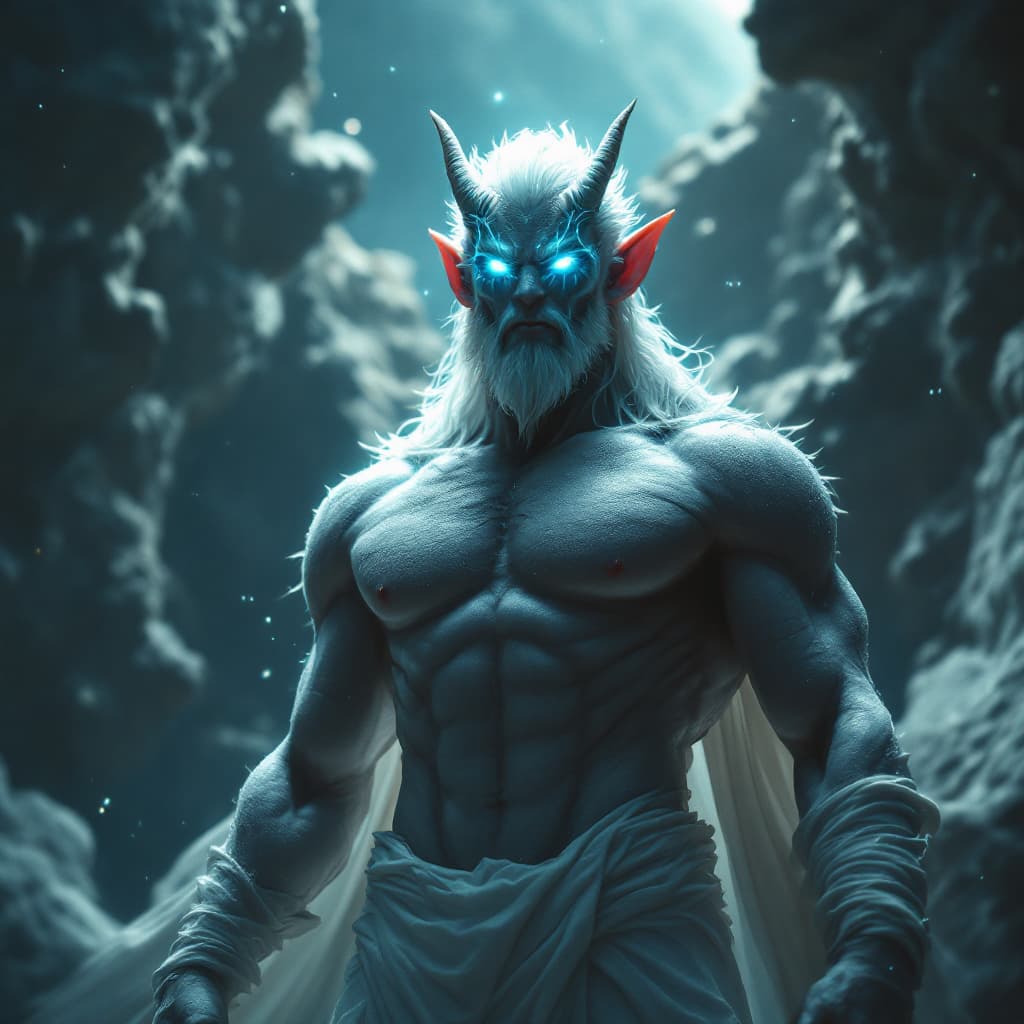 AI generated: God of Healing and sickness, full-body, Etherial, muscular, No mouth or hair, Glowing blue and green...