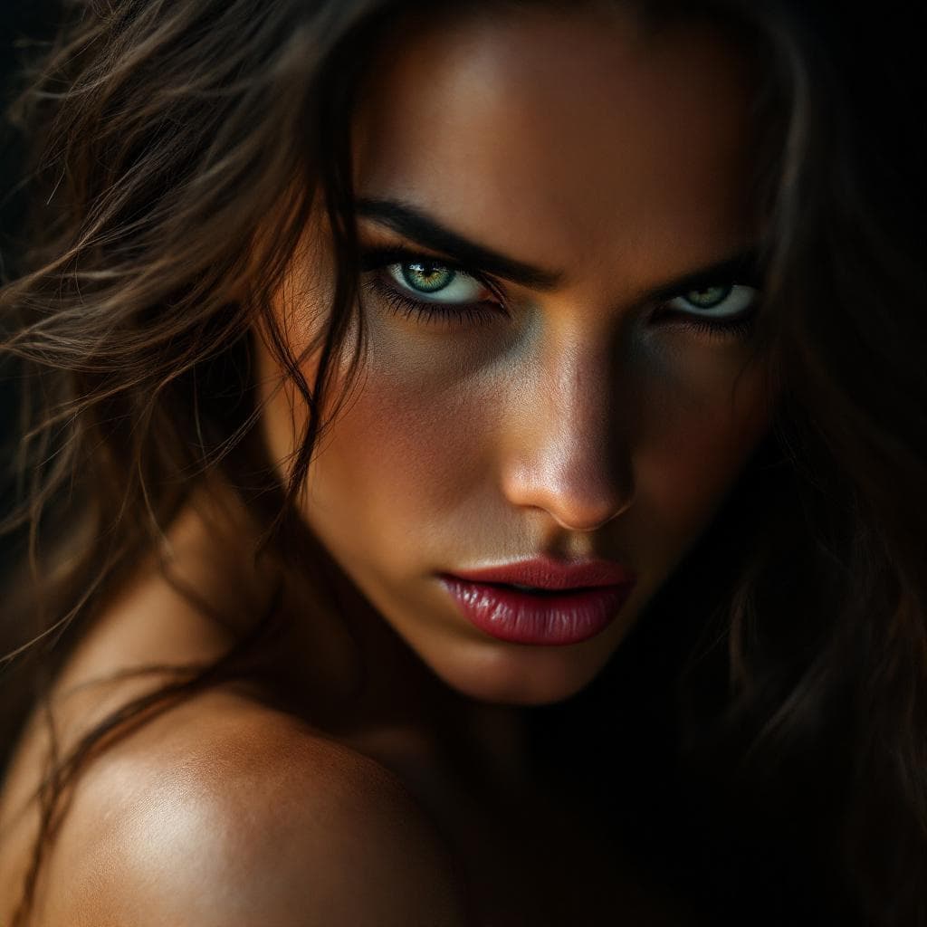 AI generated: Beautiful fierce-looking woman, three-quarter view turn, intense eyes full of power and emotion, sli...