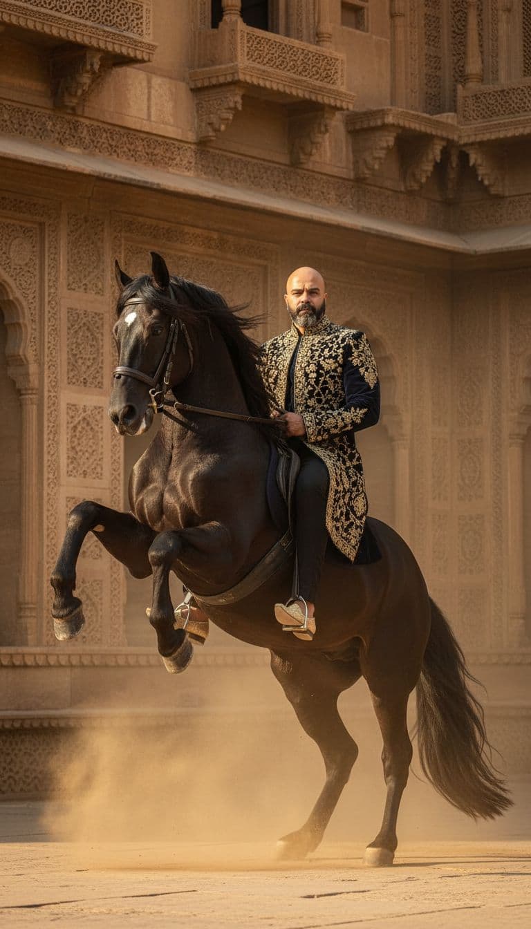 AI generated: Hyper realistic Shot in a dramatic royal courtyard, the black horse rears against ancient sandstone ...