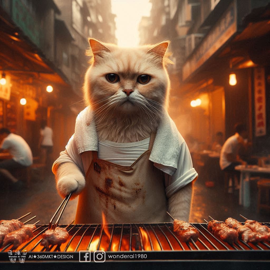 AI generated: Dramatic photo, panorama, full body, anthropomorphic real cute creamy cat, wearing old white sweatsh...