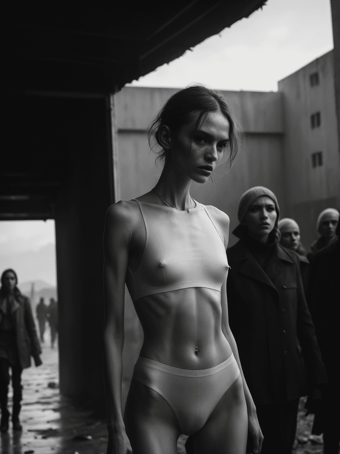 AI generated: Fashion editorial style instant photo masterpiece photo of a supermodel, Slender and petite with a d...