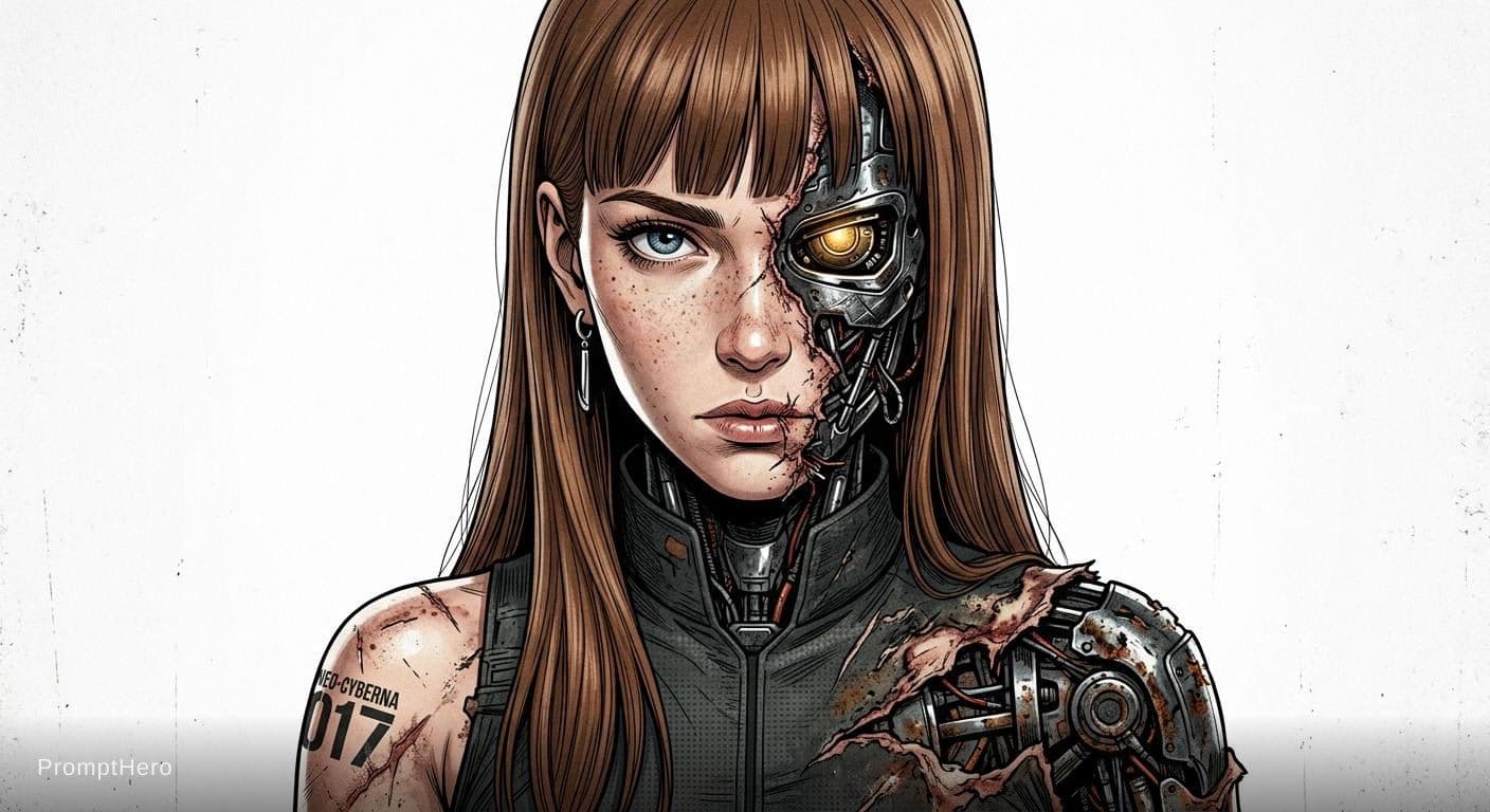 AI generated: A hyper-realistic cinematic portrait of a female cyborg with long, straight chestnut hair and blunt ...