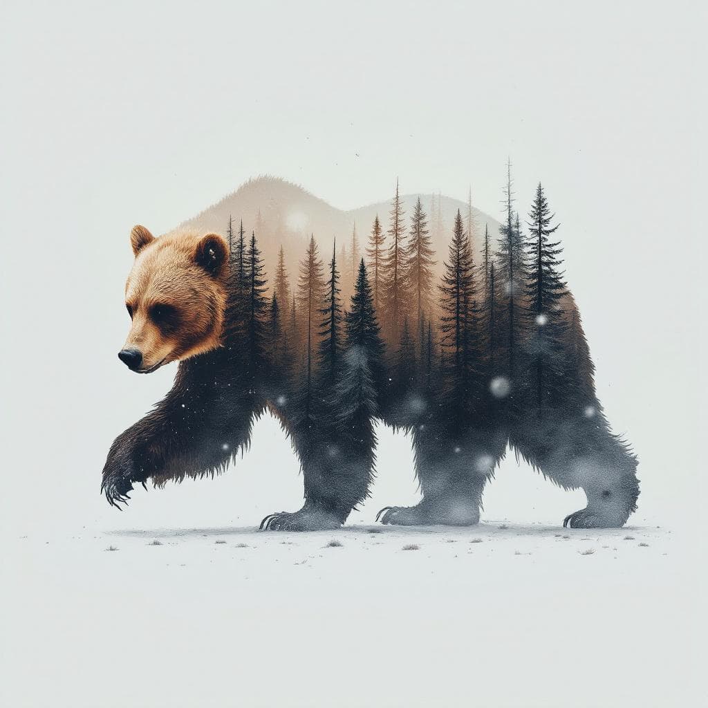 AI generated: The image displays a captivating blend of natural elements where the silhouette of a bear is seamles...