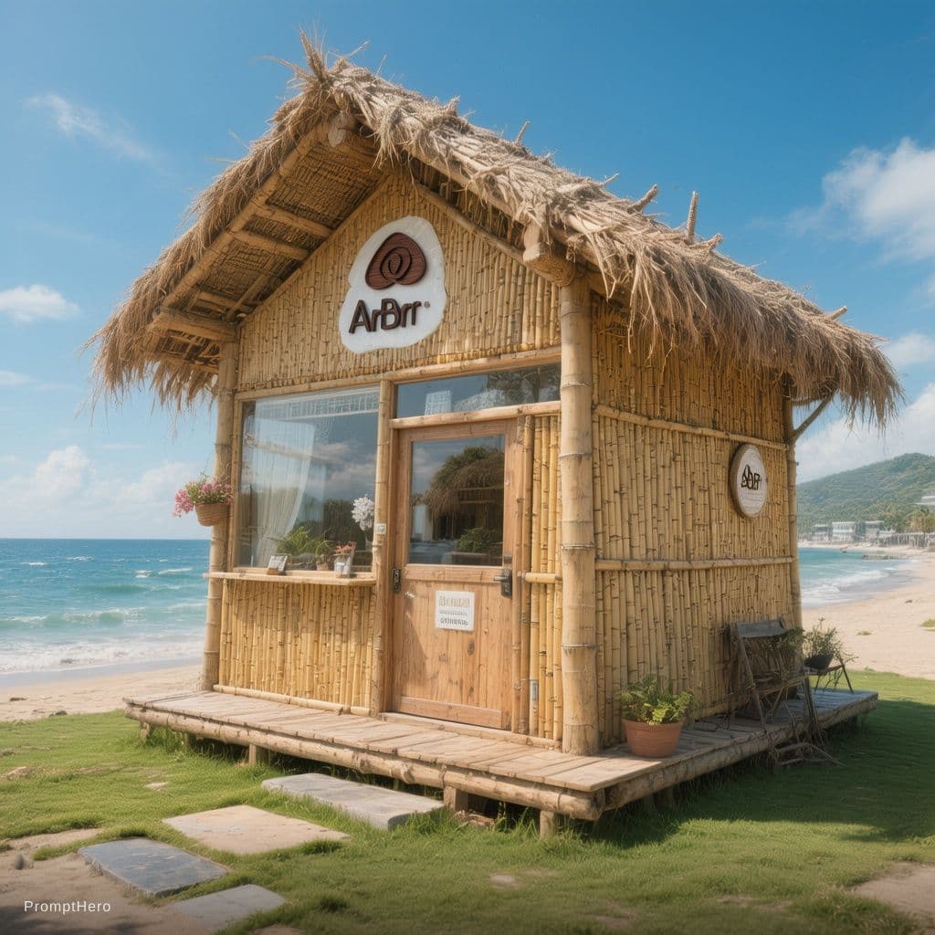 AI generated: white mudhouse for Arbnb with bamboo wall, trimmed grass surrounding, beach location , hyperrealisti...