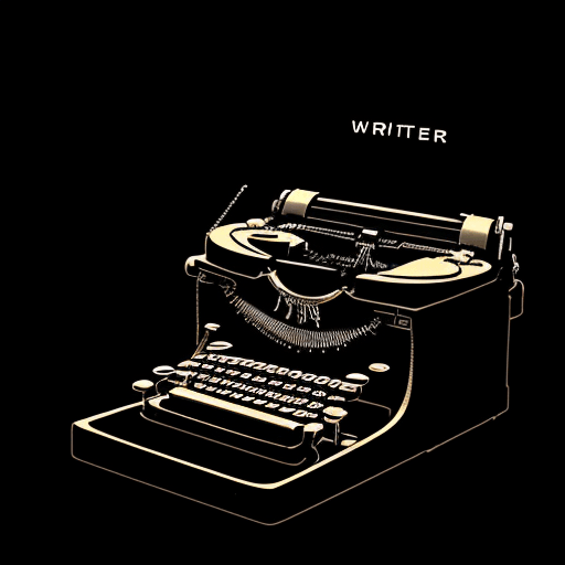 AI generated: illustration typewriter a gun emerging, shooting, a crazy writer, black background, light on top