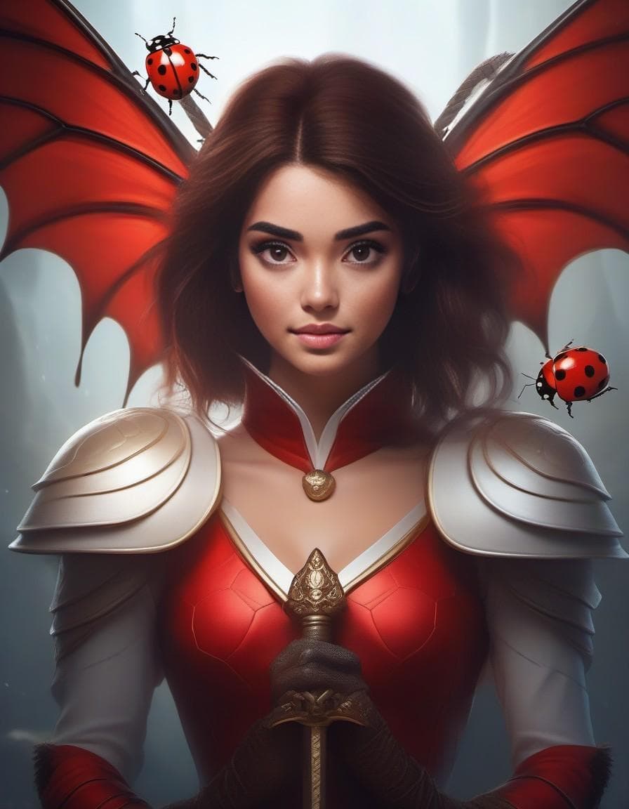 AI generated: a ladybug with a human face, female ladybug hybrid  with dragon eyes,  sword, fantasy character port...