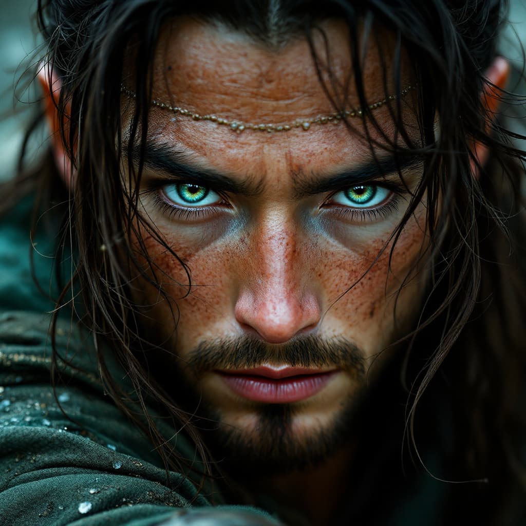 AI generated: hyper-realistic (fabled character tale1:3) a midage warrior, with detailed eyes, green clothes his l...