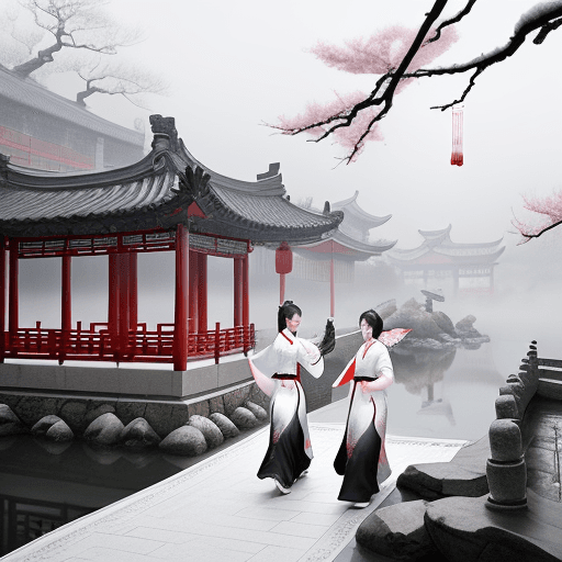 AI generated: Two women walking in a Chinese garden, wearing Hanfu and flowing robes, in the style of Chinese ink ...