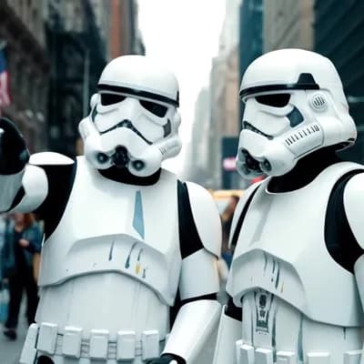 AI generated video: Two Stormtroopers, adult males in full white armor and helmets, stand casually on a bustling New Yor...