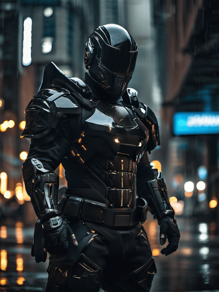 AI generated: photo of a black cyberpunk armor with cyber helmet, epic composition, lights on cyber mask, full arm...