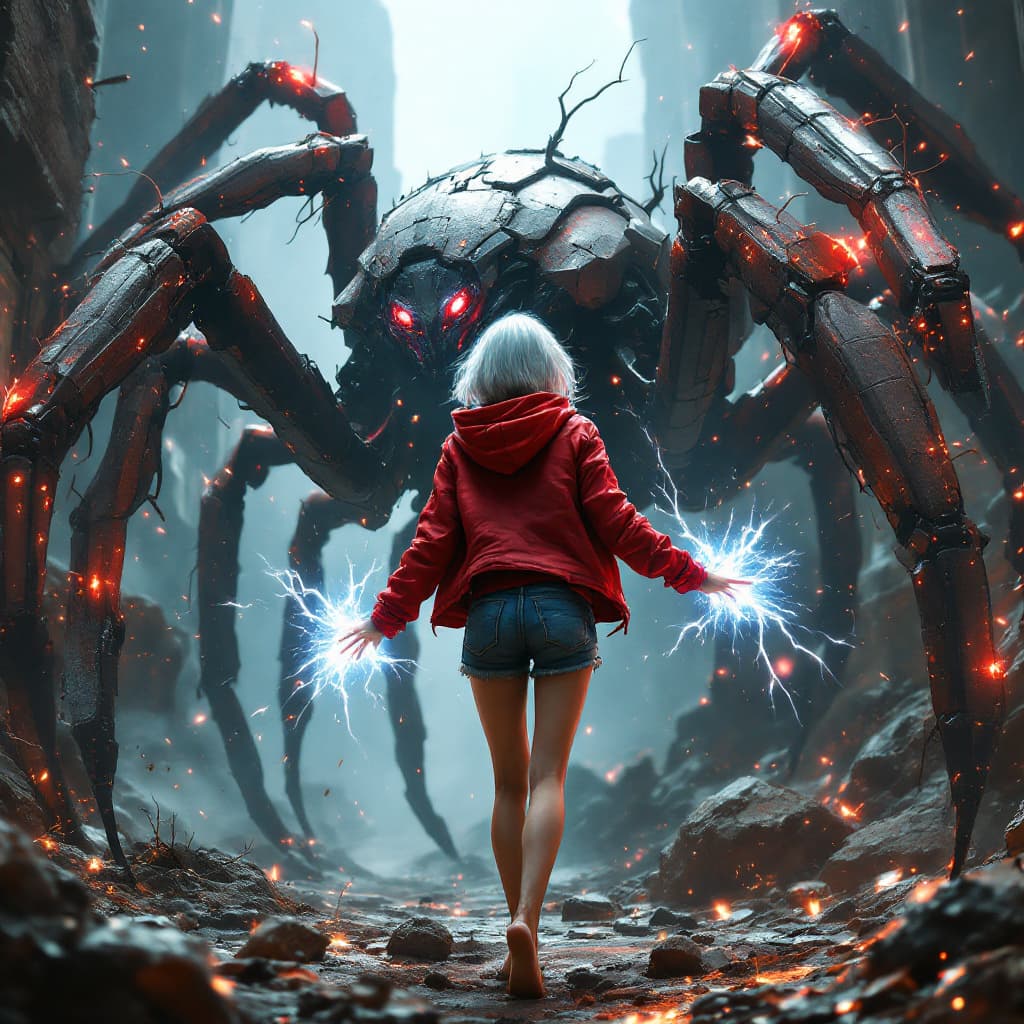 AI generated: full body view of a Girl Shining silver short hair peeking from under a stylish hooded red jacket, s...