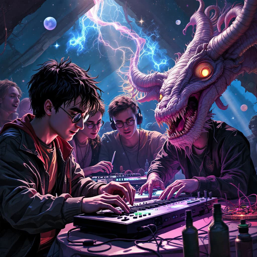 AI generated: Surreal art of Harry Potter and his friends playing electronic music with their friends at a party.