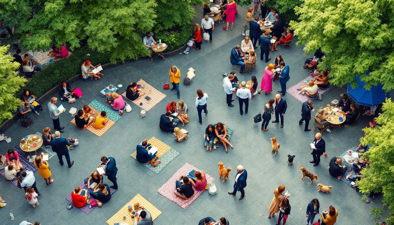 AI generated: image of a bustling urban park scene viewed from above, diverse groups of people engaged in various ...