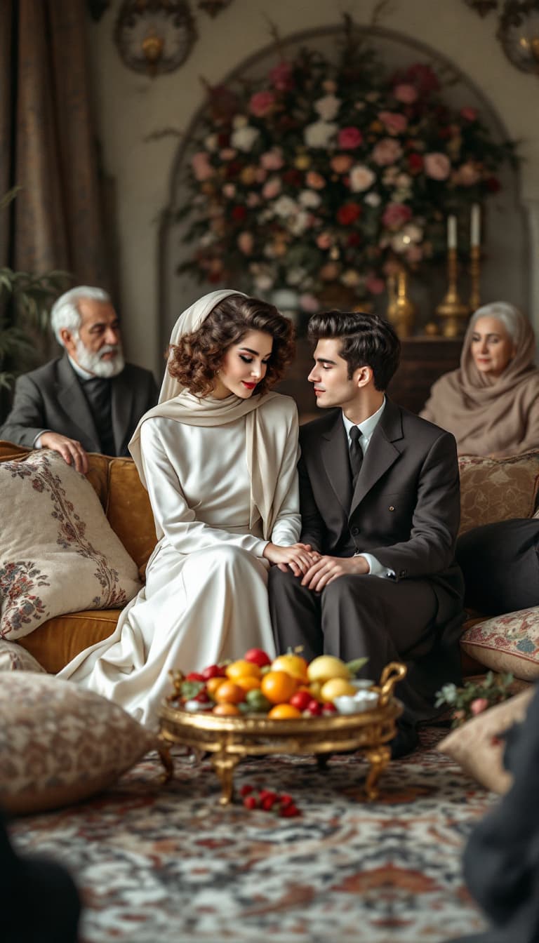 AI generated: The young couple sits inside a traditional Iranian home, surrounded by their two elderly fathers and...