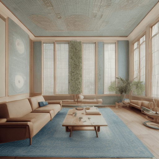 AI generated: High resolution photography interior design, dreamy sunken living room conversation pit, wooden floo...