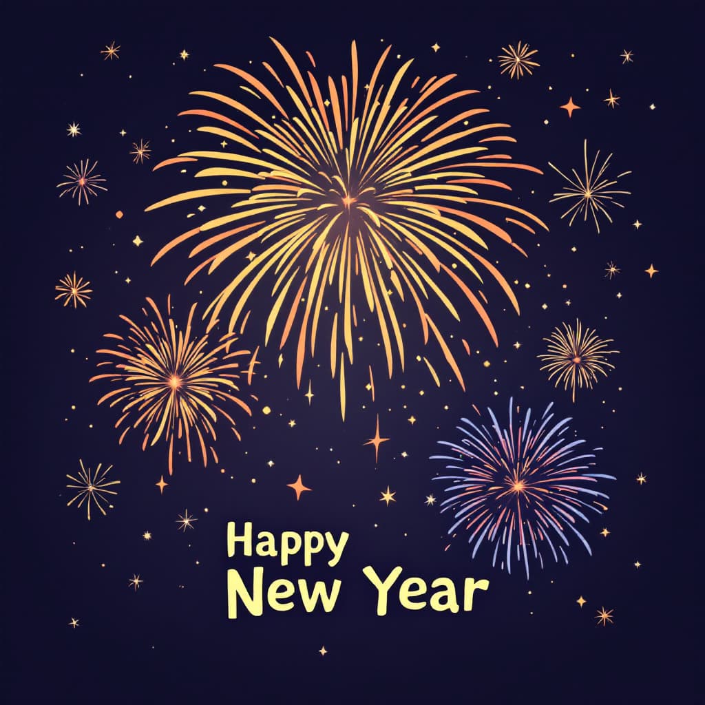 AI generated: Create a cartoon image with fireworks to celebrate the new year and add words "Happy New Year"
