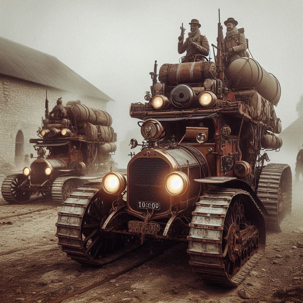 AI generated: Steampunk 1930s Expedition with Citroen-Kégresse track vehicles, photography by Maynard Owen William...