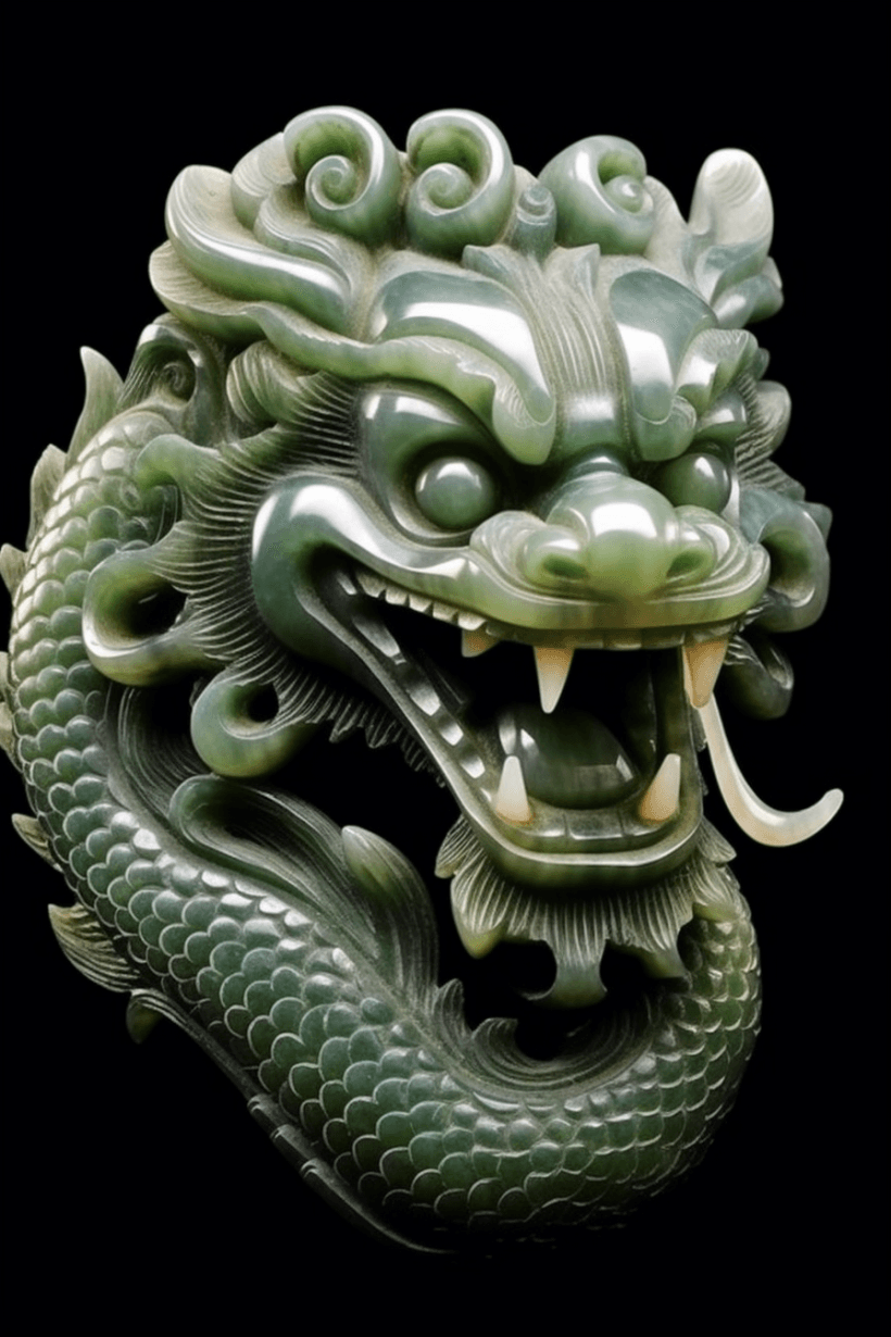 AI generated: beautifully carved jade heavenly Chinese dragon, wise face, hand carved nephrite jade, museum photo,...