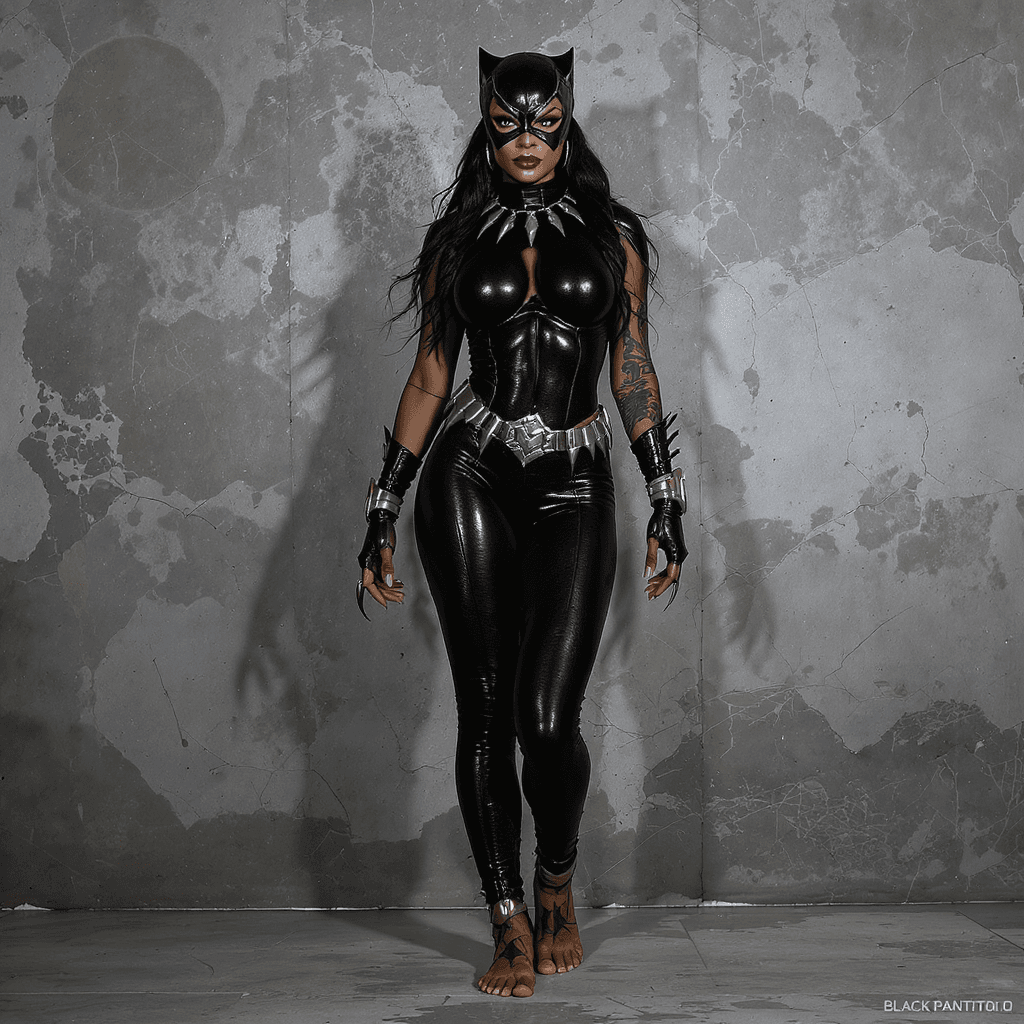 AI generated: Full body view of female dressed as BLACK PANTHER, tattoos, (full body visible), looking at viewer, ...
