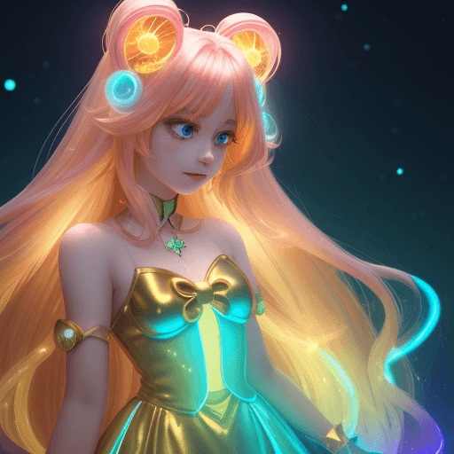 AI generated: Azzy MC magical girl, golden long hair, sparkle, vibrant, bioluminescence, 8k --niji 5
