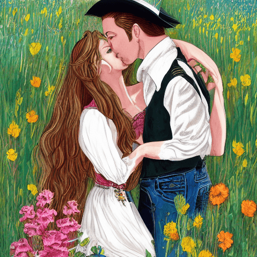 AI generated: Romance illustration, a couple sharing a passionate kiss, romance book, Wild west, set against a blo...