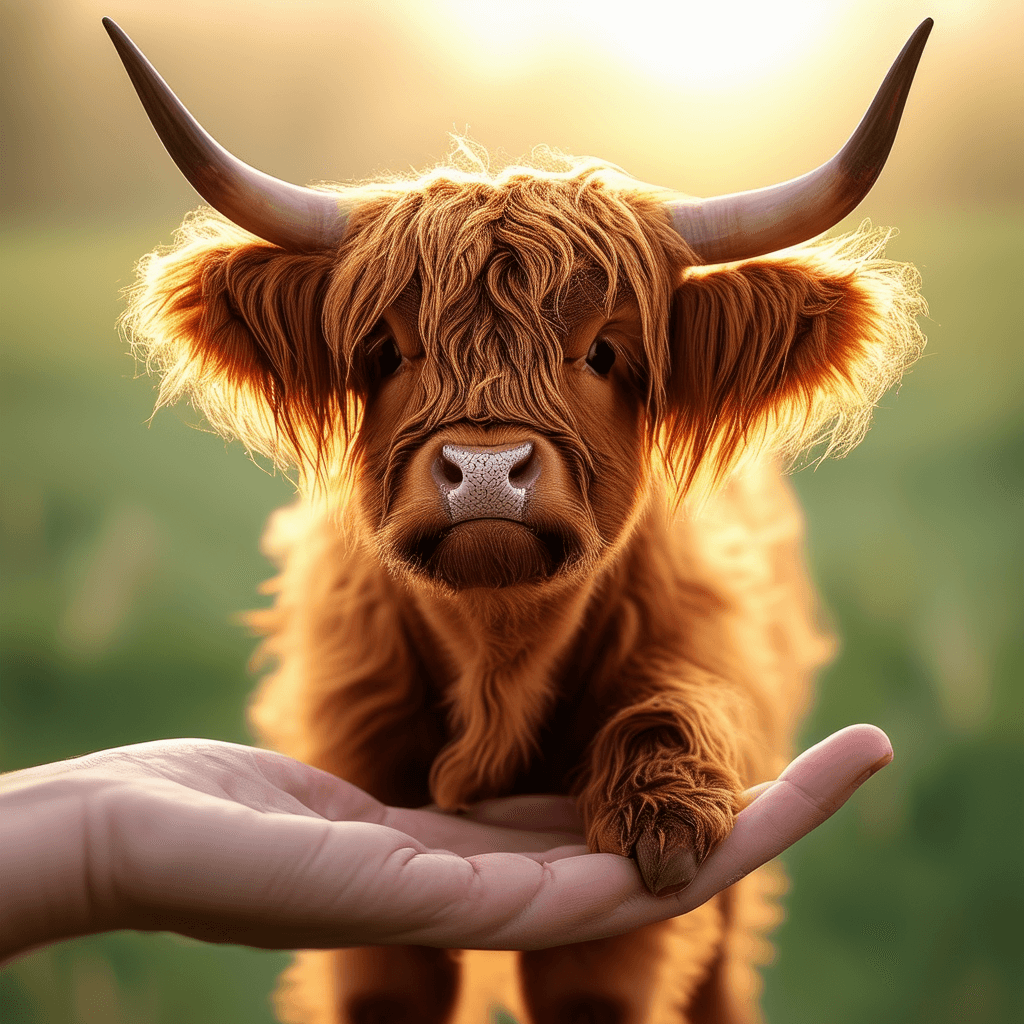 AI generated: Tiny baby Highland cow with shaggy reddish-brown coat and curved horns, standing upright in the cent...