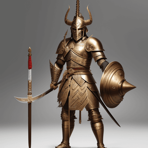 AI generated: Majapahit great warrior, general, armored, horned helmet, spear, sword, bronze