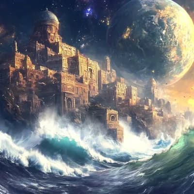 AI generated video: waves of an alien ocean batter an ancient city 