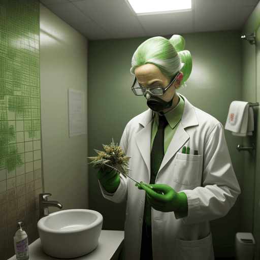 AI generated: a radioactive chemist doing flowers of marijuana in a little bathroom empty of marijuana plants