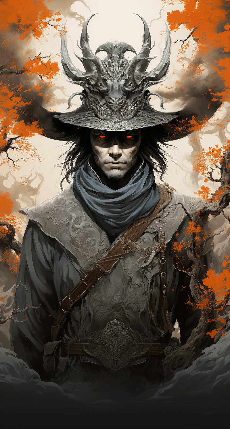 AI generated: japanese samurai in of a dragon, in the style of minimalist ink wash, 2d game art, witchcore, light ...