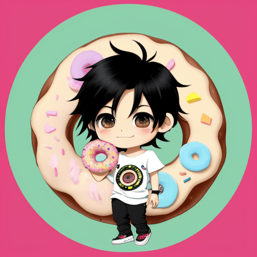 AI generated: A 2D chibi  boy with black hair, holding a delicious and colorful doughnut up in the air.