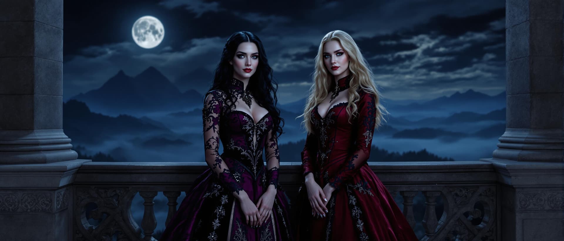 AI generated: 

"A cinematic scene featuring two mysterious noblewomen standing side by side on a grand gothic bal...