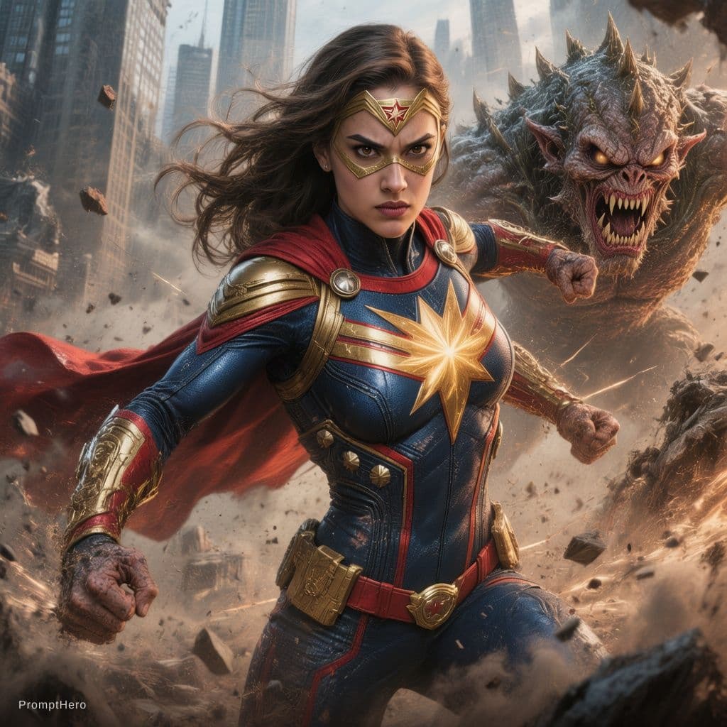AI generated: Illustration portrait, super hero woman, fight, monster, epic, cinematic.
epic detailed background,...