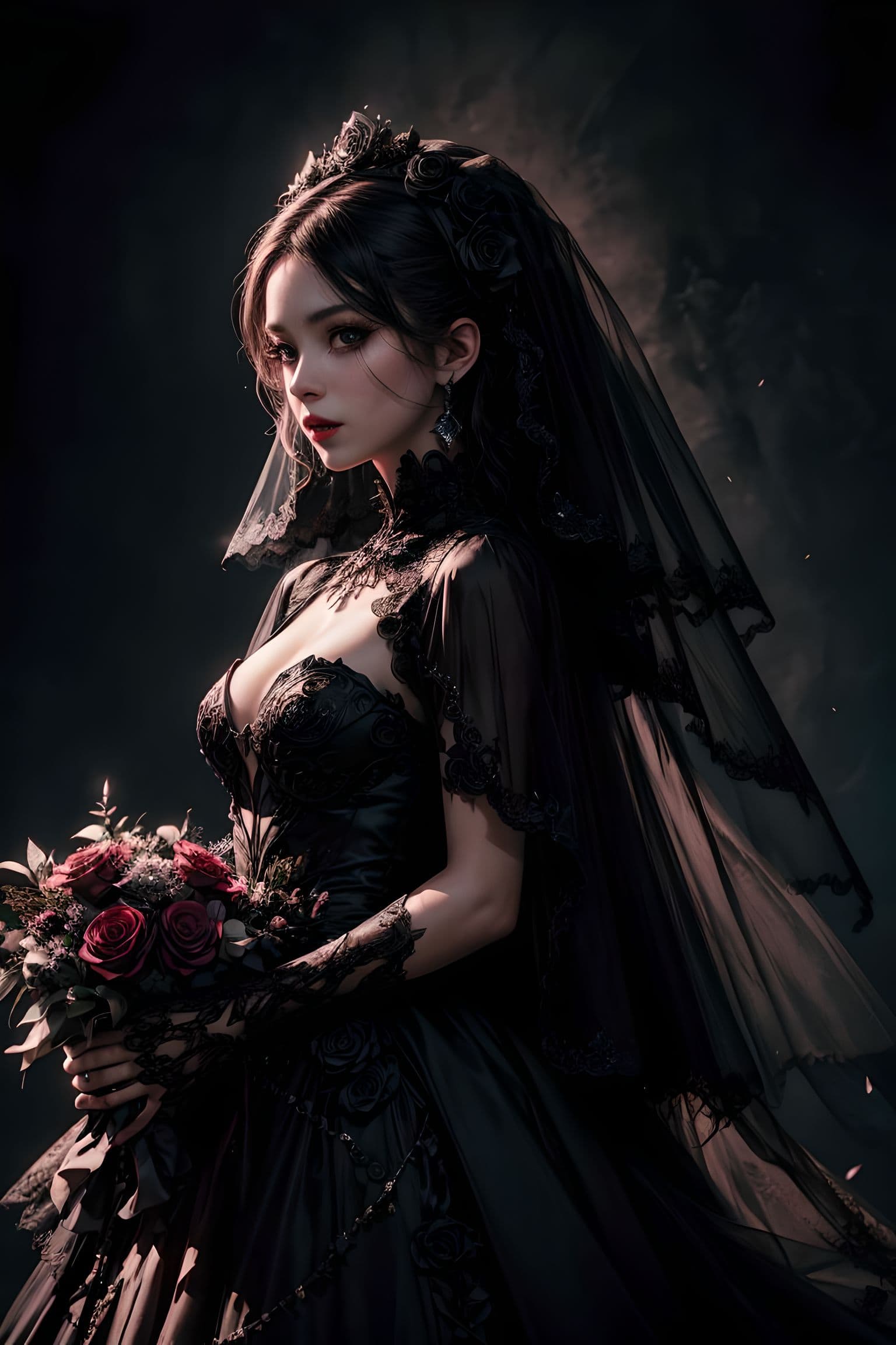 AI generated: a girl, ((black wedding dress, black wedding veil, black rose,a lot of flowers around)), otherworldl...