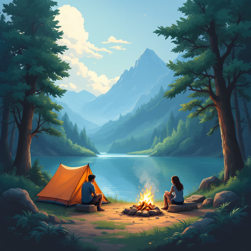AI generated: desenho de uma área de camping, com duas pessoas acampando (1 homem e 1 mulher), montanhas ao fundo,...