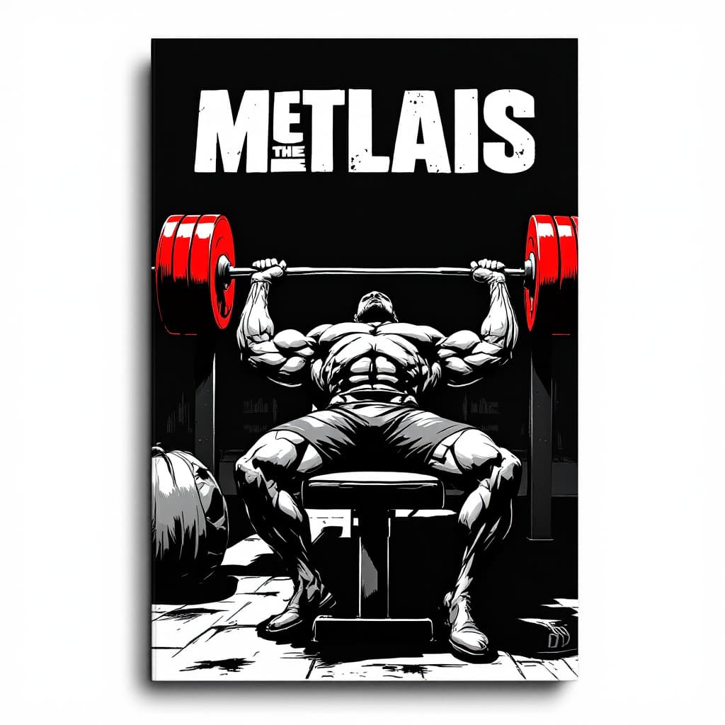AI generated: comic book cover, a bodybuilder that is lying down is bench-pressing on a flat bench, red weights, g...