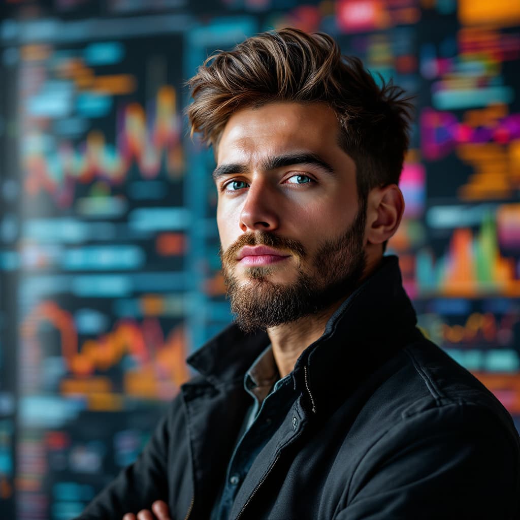 AI generated: An realistic image of an entreprenur with a background with data and statics
