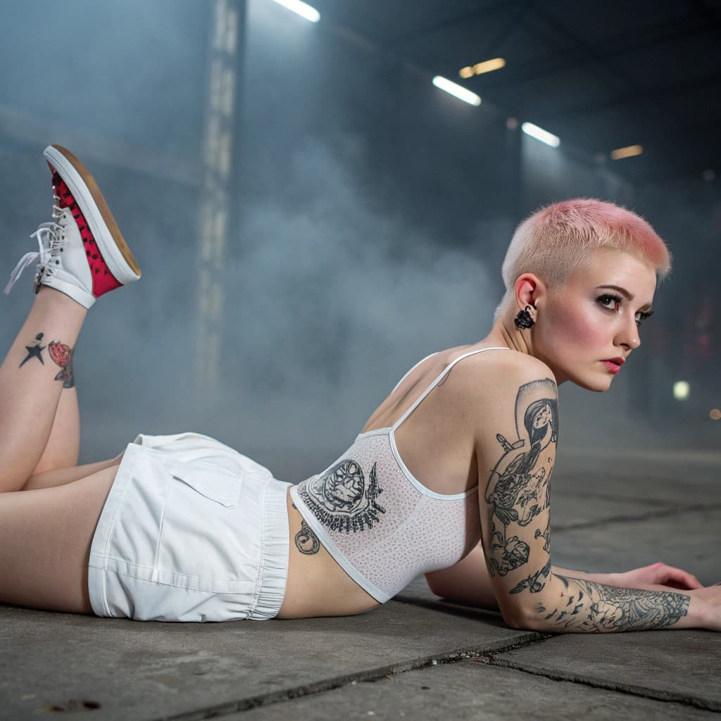 AI generated: 1girl, 18yo, serious bad ass, short hair girl, caucasian, pixie style hair, light pink hair, complet...