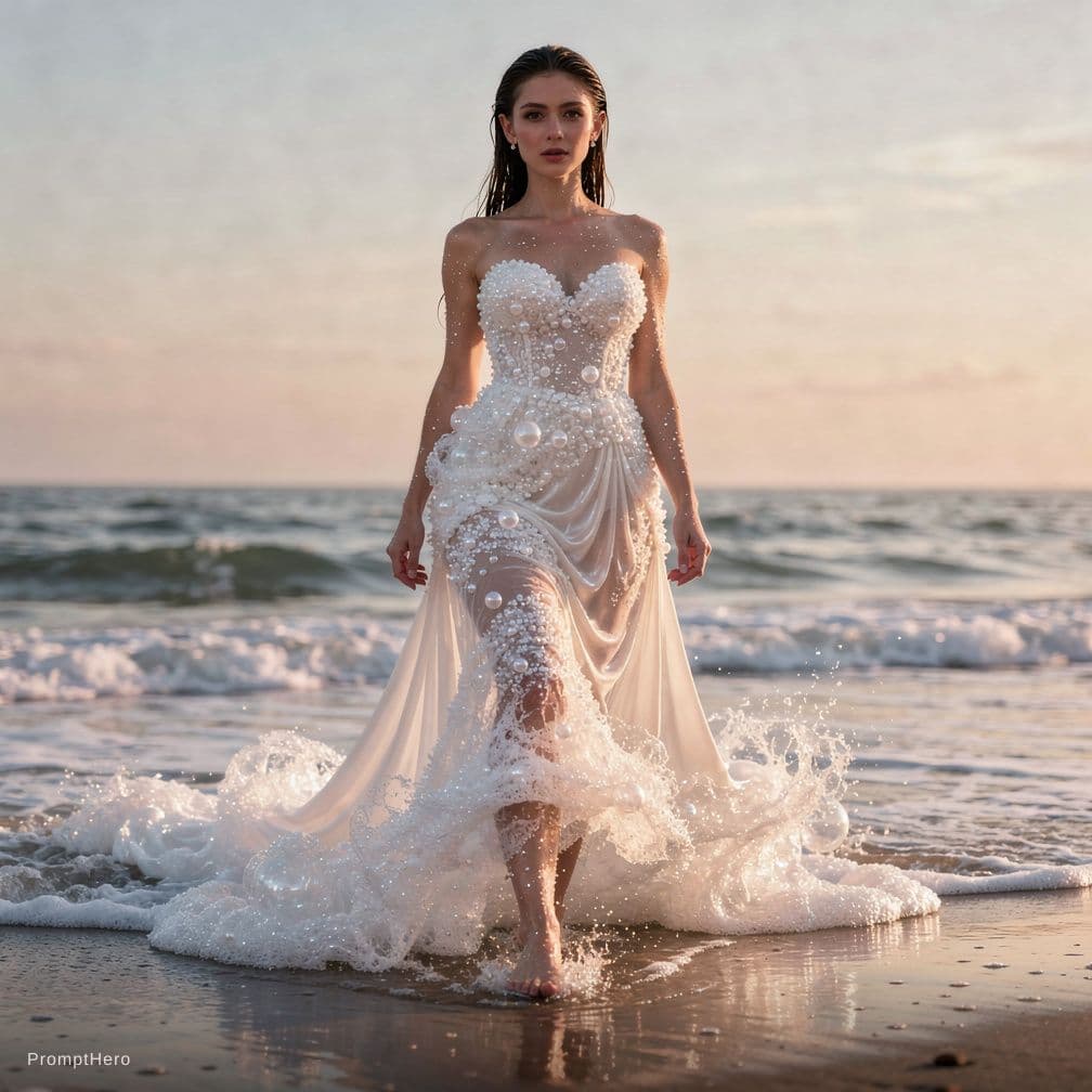 AI generated: beautiful woman, cute face,
she steps out of the ocean
front view, low angle, full
body picture, her...