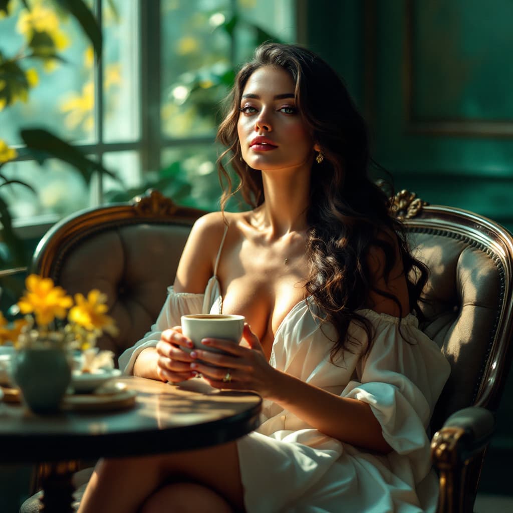AI generated: Uma mulher de beleza etérea e delicada, sentada em uma cadeira elegante com uma xícara de café nas m...