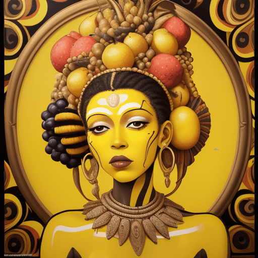 AI generated: a mural of woman on a yellow wall with fruit on her head, in the style of ingrid baars, 32k uhd, ben...