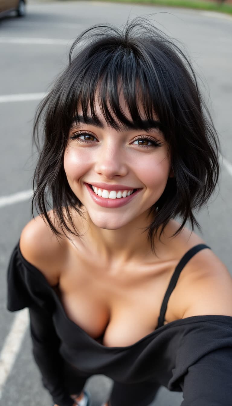 AI generated: a girl ,thick eyebrows, short black hair with very long bangs, wearing a black off the shoulder top,...