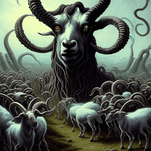 AI generated: Lovecraftian shepherd surrounded by a flock of giant lovecraftian goats. The goats are devouring the...