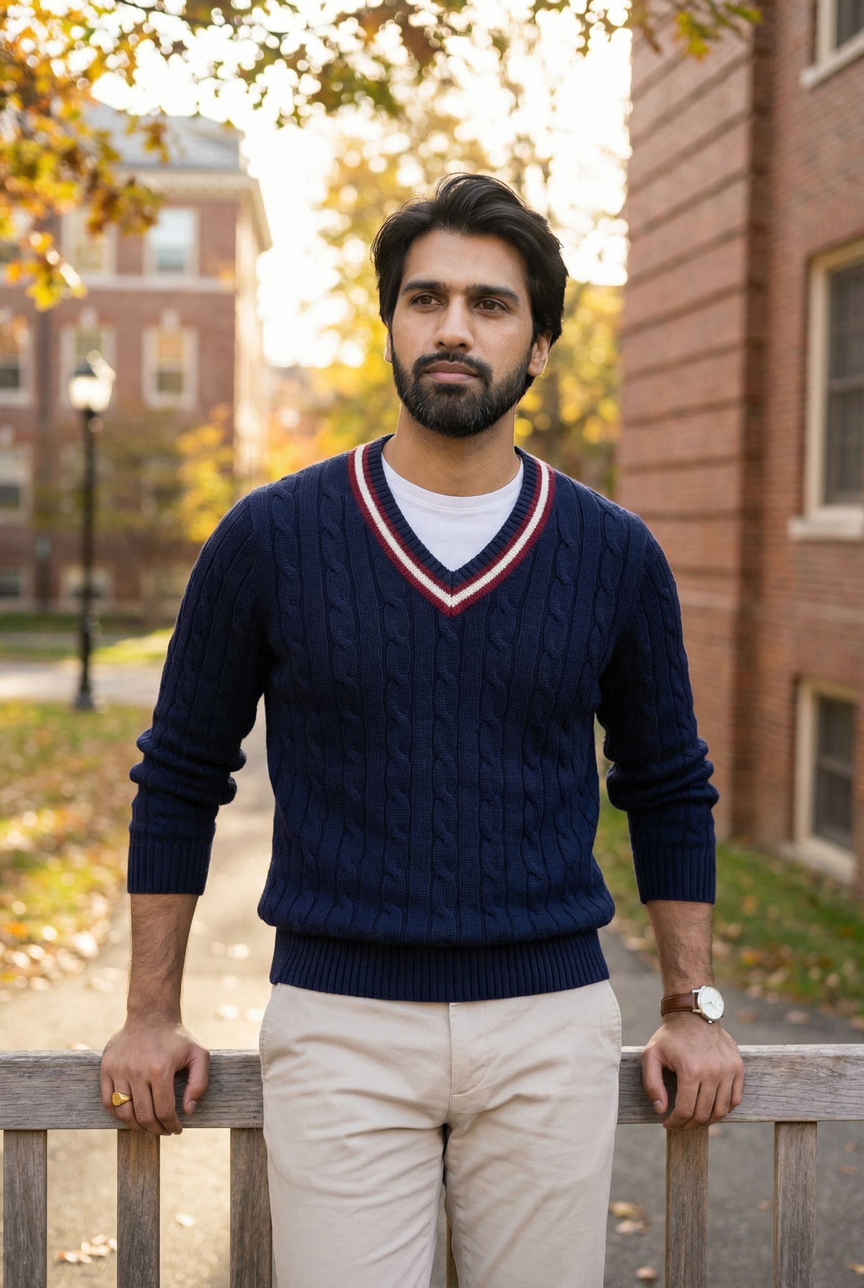 AI generated: Subject: An elegant late-20s man. Clothing: Navy blue cable-knit cricket sweater over a white t-shir...