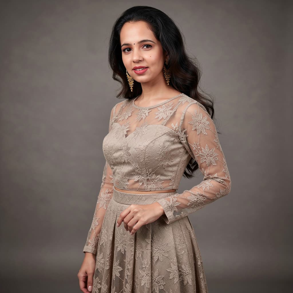 AI generated: Ultra-realistic full-body fashion portrait of an adult woman wearing a sheer lace lingerie set, deli...
